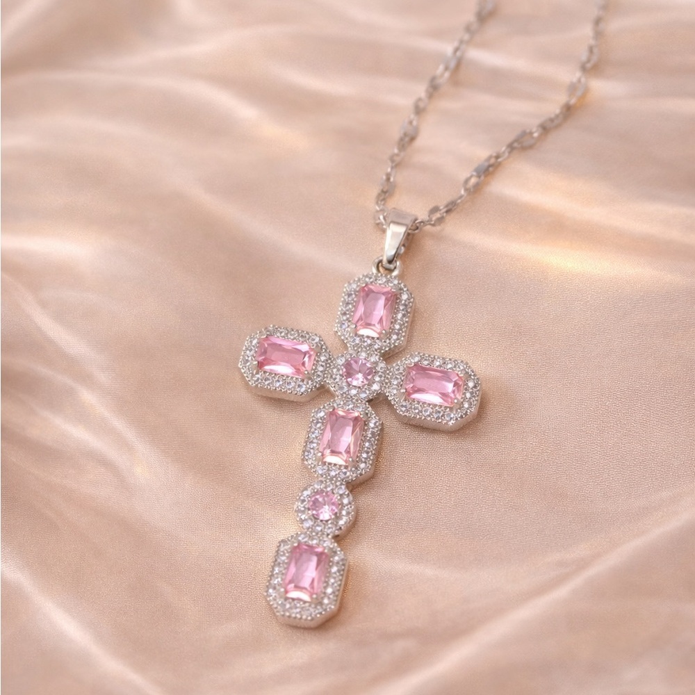 Silver Pink Diamond Cross Necklace
